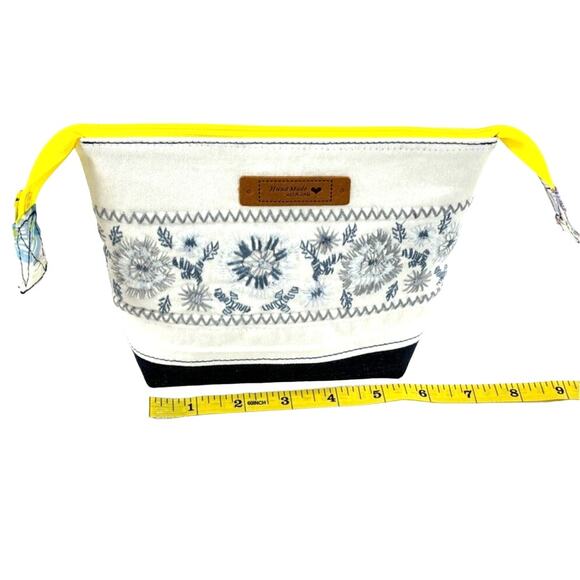 Handmade Upcycled Floral Embroidered White Denim Lined Cosmetic Pouch Bag - Picture 7 of 8